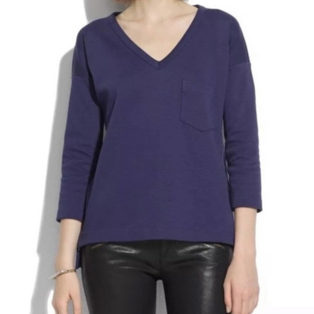 Madewell  V-Neck Textured Cotton Sweater‎ Top in Navy Blue, Size Medium